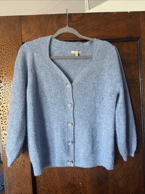 Skies are Blue Women's Light Blue V-Neck Button Cardigan Sweater. Pearl accents